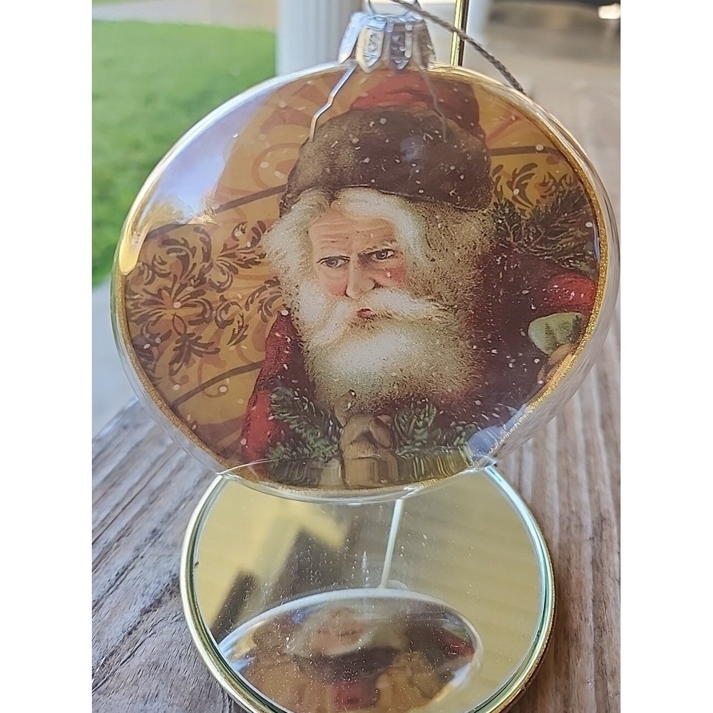 Vintage Holiday Glass Ornament Old World Santa Hand Painted Glitter Back 4" EUC